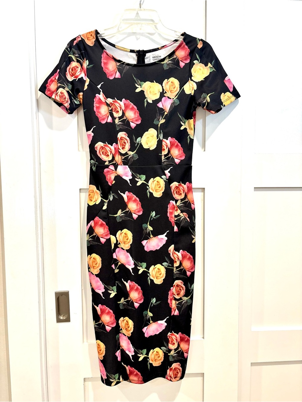 Unique Vintage Black Midi Dress with Pink & Yellow Rose Print